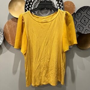 Loft Outlet Womens Small Yellow Striped Mixed Media Flutter Sleeve Knit Top
